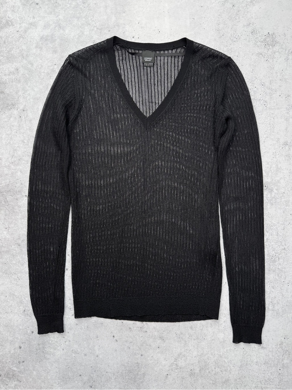 VTG 00s ESPRIT COLLECTION Black Sheer V Neck Sweater Top S Fine Knit Rave Y2K